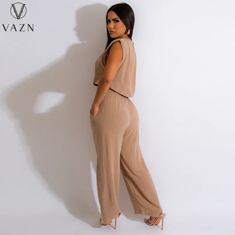 VAZN New 2023 Short Sleeve Round Neck Top Elastic Long Pants Pure Color 2 Piece Set Casual Street Style Women Suit