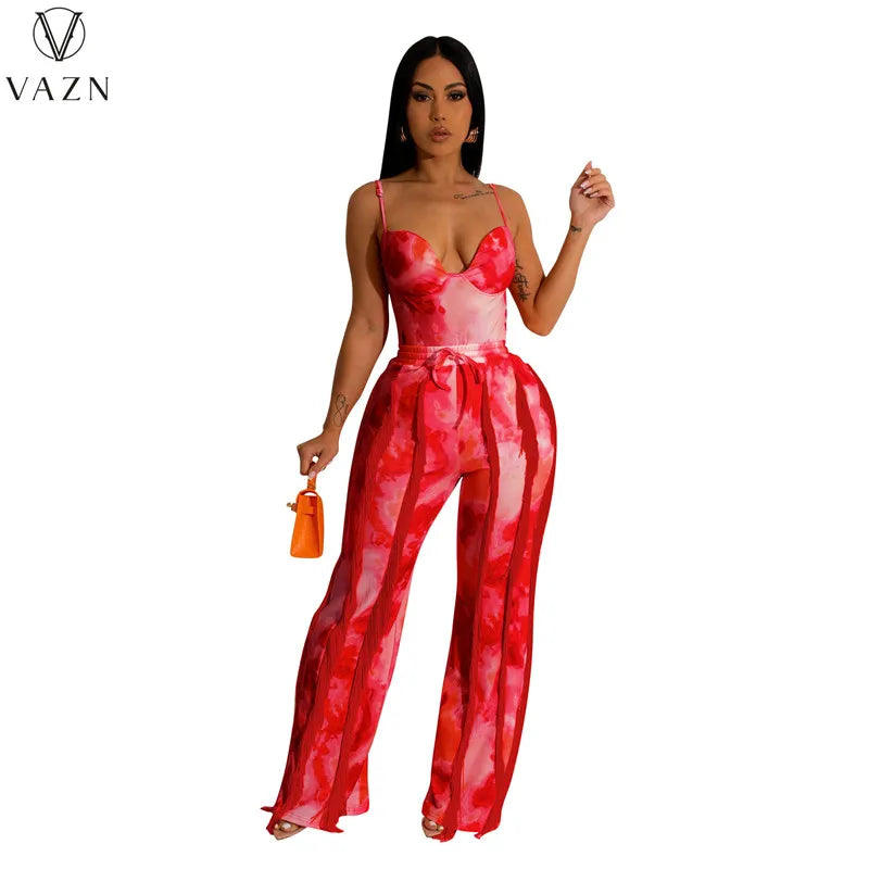 VAZN New 2023 Sleeveless Strapless Jumpsuits Elastic Long Pants Printed Lady Two Piece Set Casual Street Style Women Suit