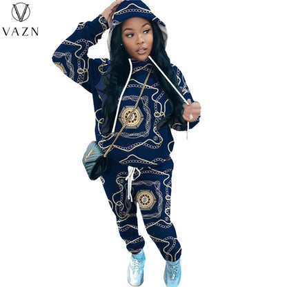 VAZN New 2022 Fashion Street Casual Style Women Suit Long Sleeve Hooded Collar Top Elastic Long Pants Printed Two Piece Sets