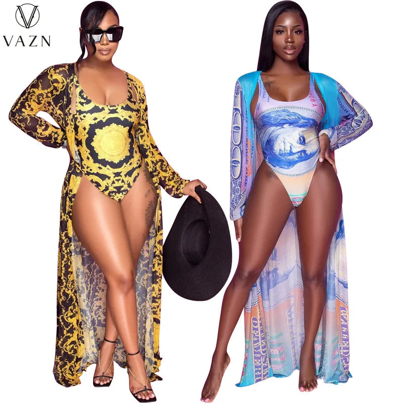 VAZN 2022 Fashion New Women Sexy Beach Style Sets Sleeveless Jumpsuits Short Pants Long Outwear Printed Two Piece Sets