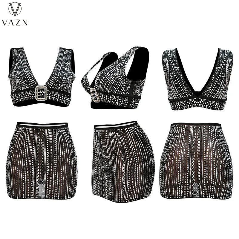 VAZN 2022 Hot Sale Sexy Club Party Style Women Sets Sleeveless V Neck Short Top Elastic Mini Short Skirt Lady Two Piece Set