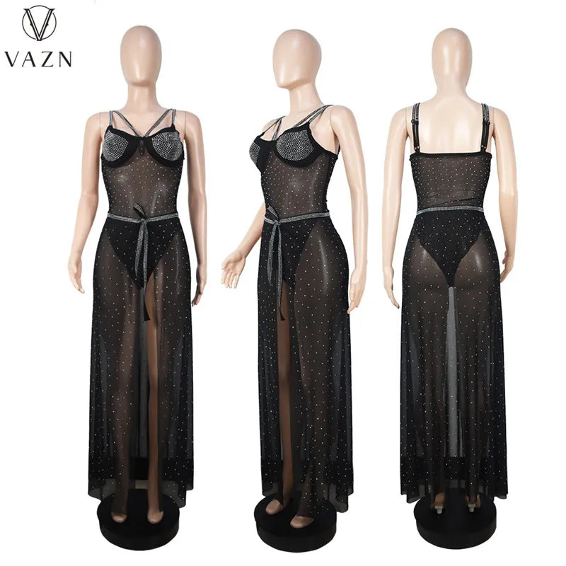 VAZN 2022 Sexy Club Party Style Women Suit Sleeveless Jumpsuits Elastic Floor Length Skirt Pure Color Two Piece Set