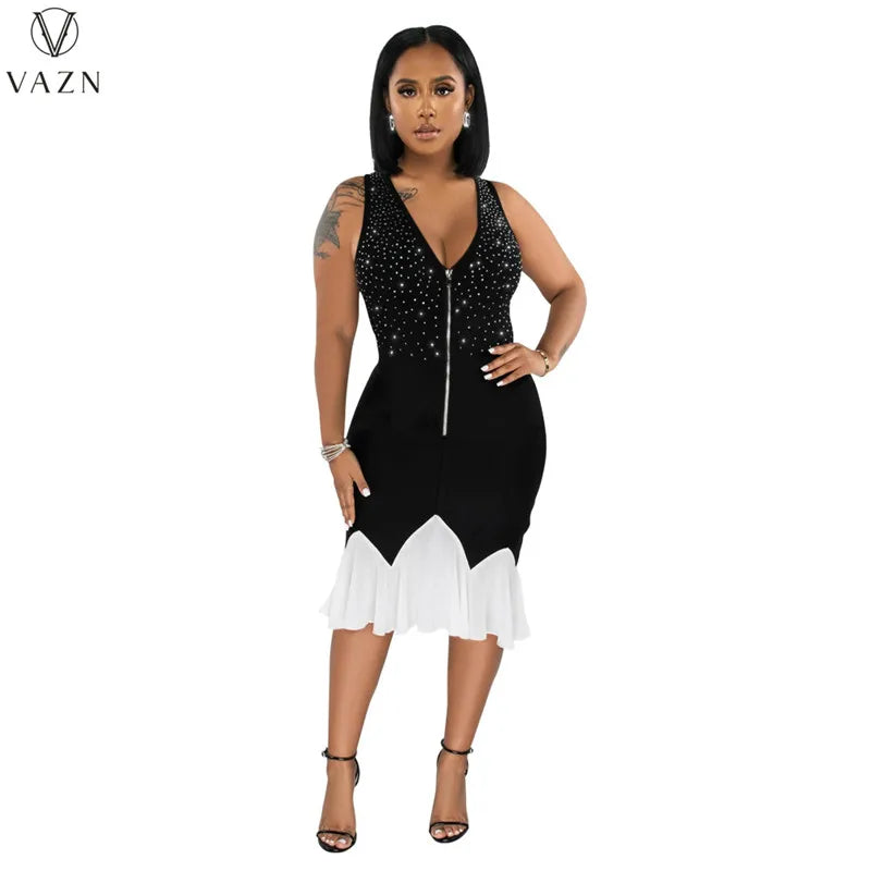 VAZN 2023 High Street Style Women Mid Long Dress Printed Lady  Long Dresses Hot Sale Sleeveless Zipper V Neck Dress