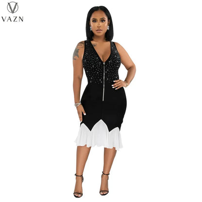 VAZN 2023 High Street Style Women Mid Long Dress Printed Lady  Long Dresses Hot Sale Sleeveless Zipper V Neck Dress