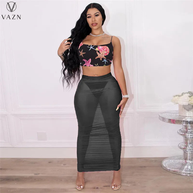 VAZN 2022 Sexy Holiday Beach Style Women Suit Sleeveless Dew Waist Top Elastic Ankle Length Skirt Printed Two Piece Set