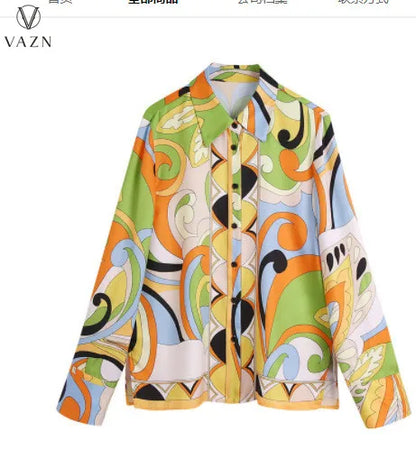 VAZN New 2022 Fashion Street Casual Style Women Suit Long Sleeve Lapel Shirt Elastic Long Pants Printed Two Piece Sets