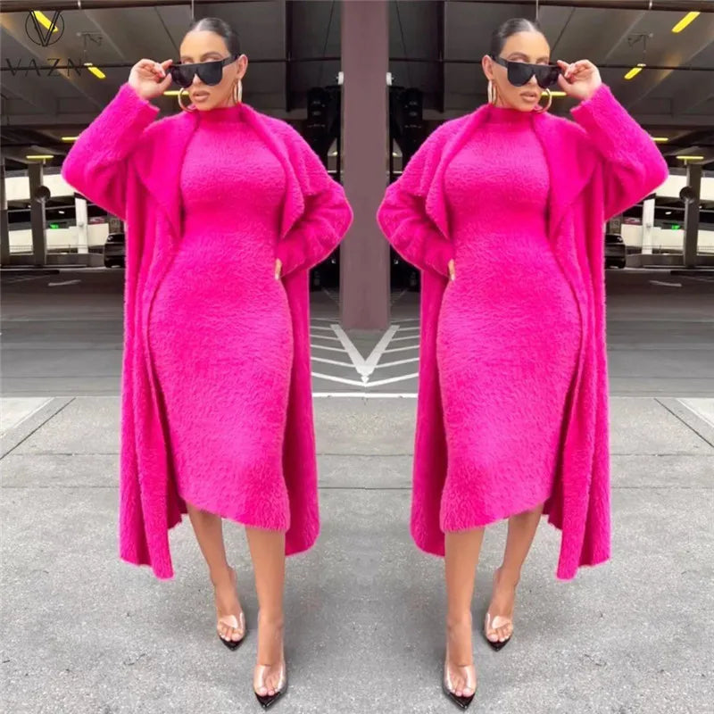 VAZN 2022 Fashion New High Street Style Women Suit Sleeveless Mid Long Dress Long Sleeve Long OutwearPure Color Two Piece Set