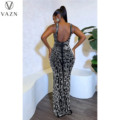 VAZN 2023 New Luxury Designer Young Sexy Club Diamonds Flaring Spaghetti Strap Backless Women High Waist Long Mermaid Dress