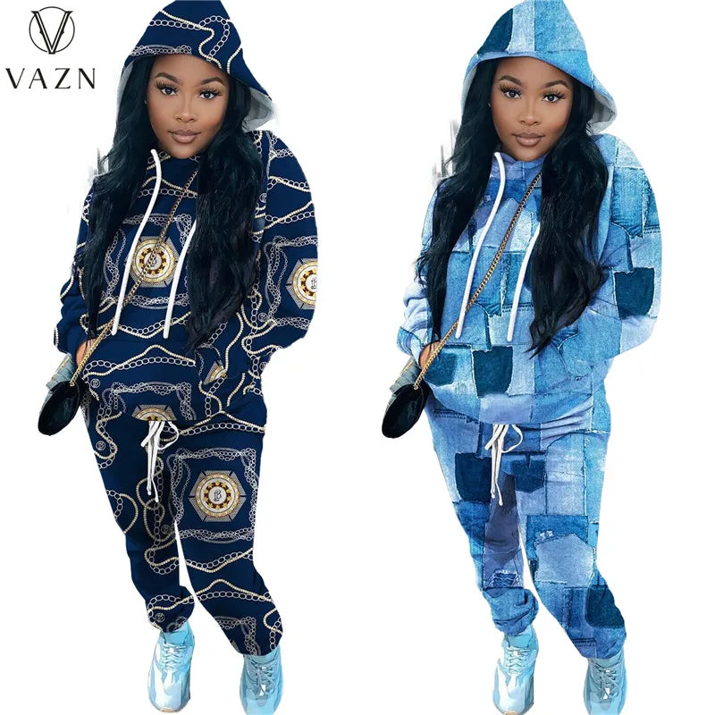 VAZN New 2022 Fashion Street Casual Style Women Suit Long Sleeve Hooded Collar Top Elastic Long Pants Printed Two Piece Sets