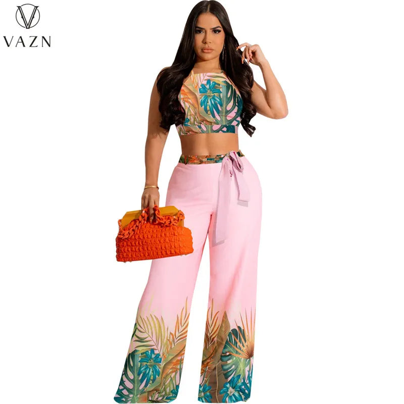 VAZN New 2023 Sleeveless Strapless Short Top Elastic Long Pants Printed Lady Two Piece Set Sexy Holiday Style Women Suit