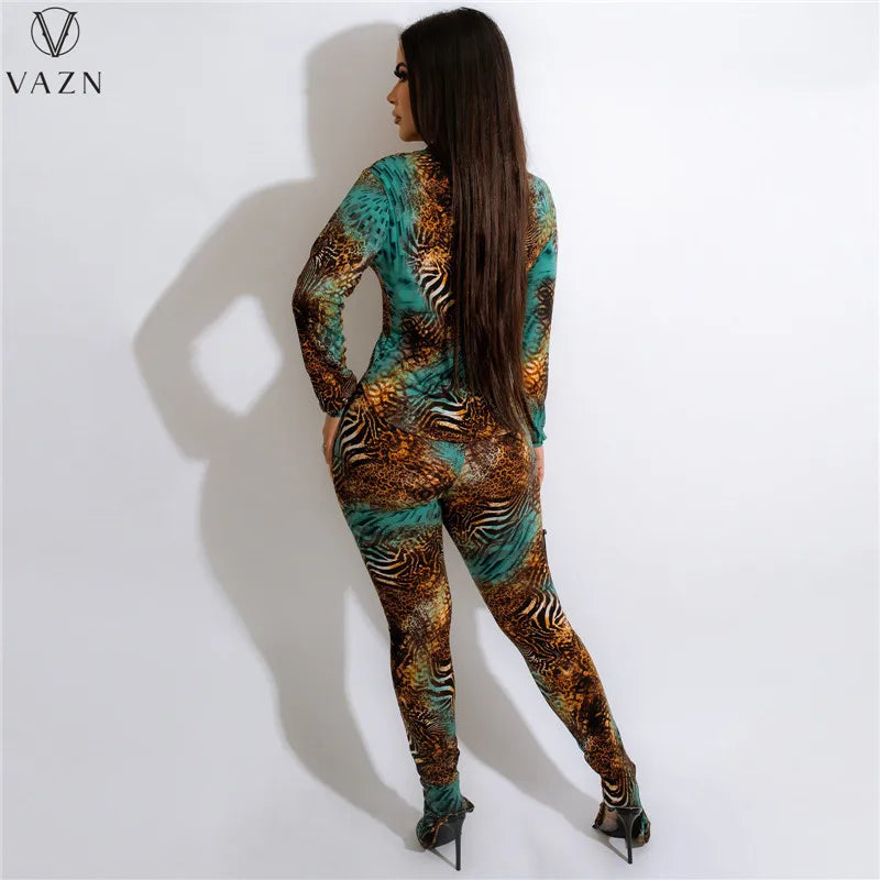 VAZN New 2022 Fashion Casual Street Style Women Suit Long Sleeve Lapel Shirt Elastic Long Pants Printed Two Piece Set