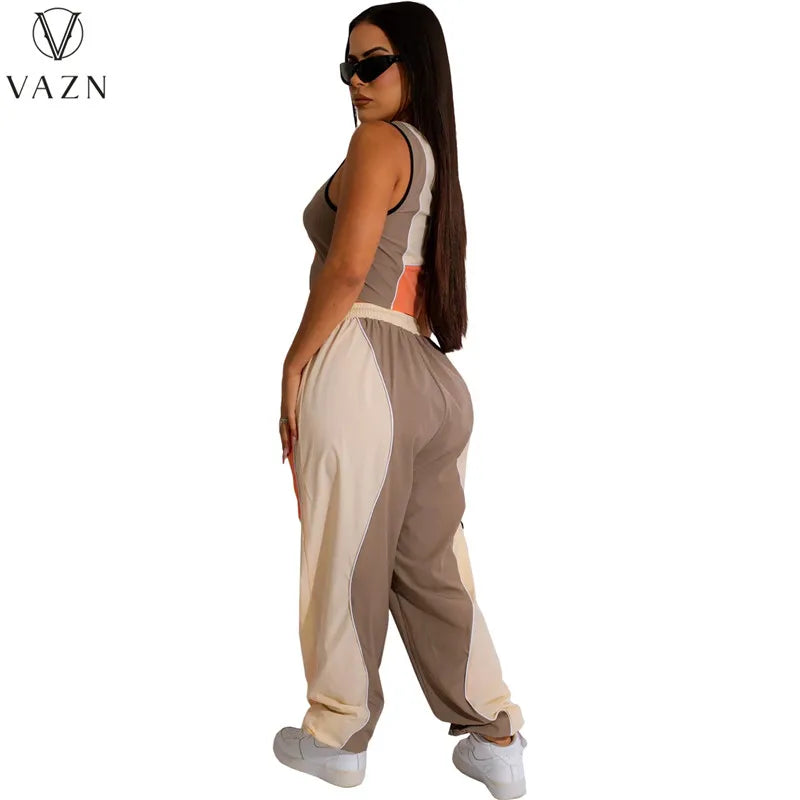 VAZN New 2023 Sleeveless One Shoulder Short Top Elastic Long Pants Printed Lady 2 Piece Set Fashion Casual Street Style