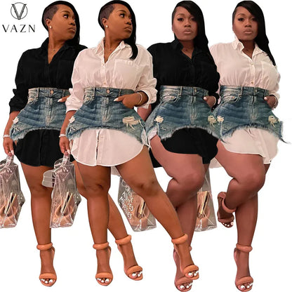 VAZN 2022 Sexy Club Party Style Women Suit Long Sleeve Lapel Shirt Buttons Mini Short Denim Skirt Lady Pure Color 2 Piece Set