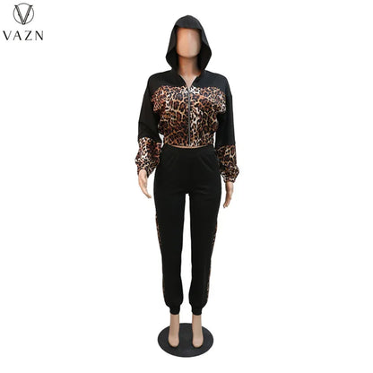 VAZN 2023 New Fashion Lady Casual Street Style 2 Piece Sets Long Sleeve Zipper Top Elastic Long Pants Leopard Grain Women Sets