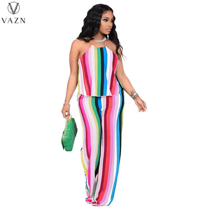 VAZN 2023 New Fashion Casual Street Style 2 Piece Sets sleeveless dew shoulder Top elastic Long Pants Printed Women Set