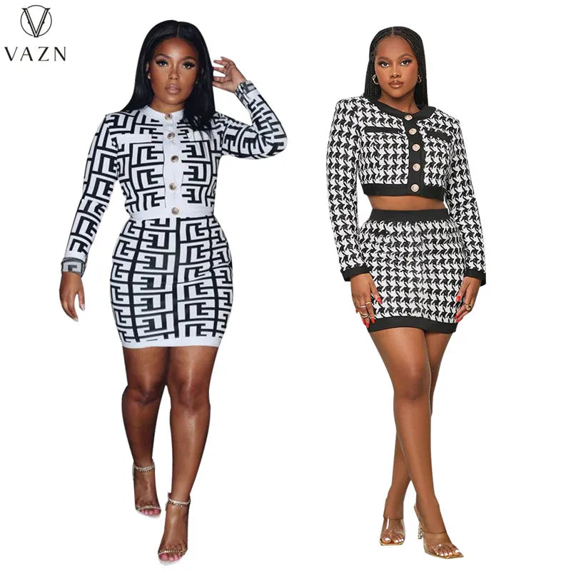 VAZN 2022 Street Girl Style Women Sets Long Sleeve Round Neck Short Top Elastic Mini Short Skirt Plaid Lady Two Piece Set