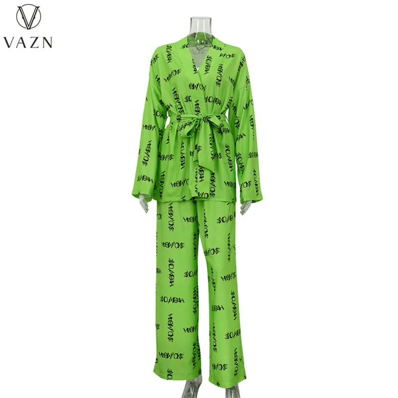 VAZN New 2023 Long Sleeve No Collar Top Elastic Long Pants Printed Lady 2 Piece Set Casual Street Style Women Suit