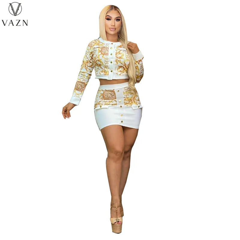 VAZN 2022 Hot Sale Sexy Girl Style Women Sets Long Sleeve Round Neck Short Top Elastic Mini Short Skirt Lady Two Piece Set