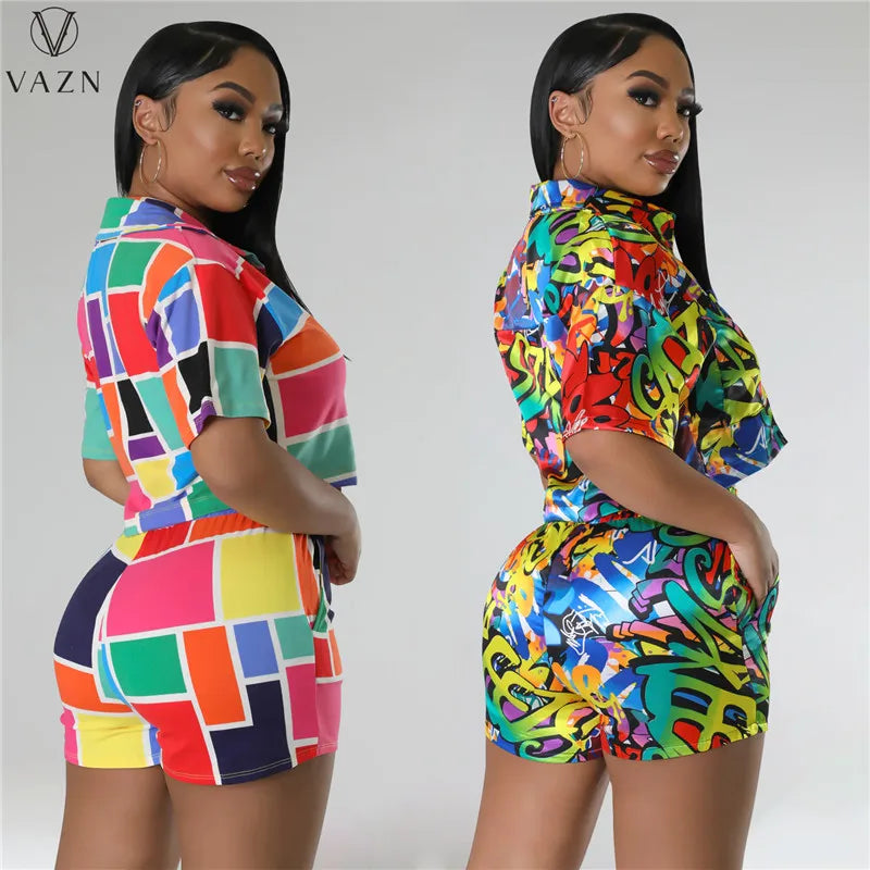 VAZN 2023 Sexy Girl Style Women Sets Short Sleeve Lapel Short Elastic Pockets Short Pants Lady Printed Lady 2 Piece Set