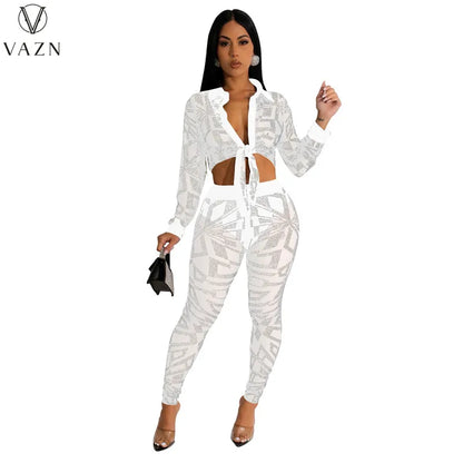 VAZN New 2023 Long Sleeve Lapel Short Top Elastic Long Pants Pure Color Lady Two Piece Set Sexy Street Style Women Suit