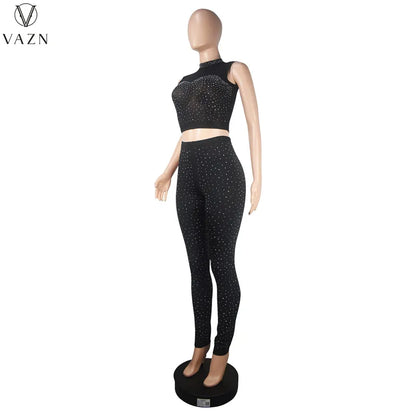 VAZN New 2023 Fashion Sexy Street Style Women Suit Sleeveless Round Neck Short Top Elastic Long Pants Pure Color Two Piece Sets