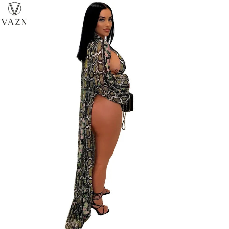 VAZN 2022 Summer New Sexy Club Party Style Women Suit Sleeveless Jumpsuits Long Sleeve Long Outwear Snake Grain 2 Piece Set