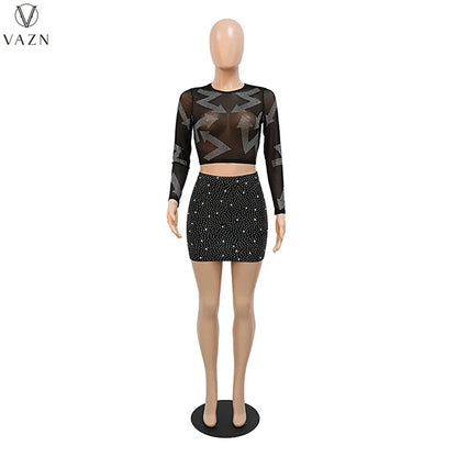 VAZN Hot Drilling 2022 Sexy Club Style Women Suit Long Sleeve Round Neck Short Top Elastic Mini Short Skirt Two Piece Sets