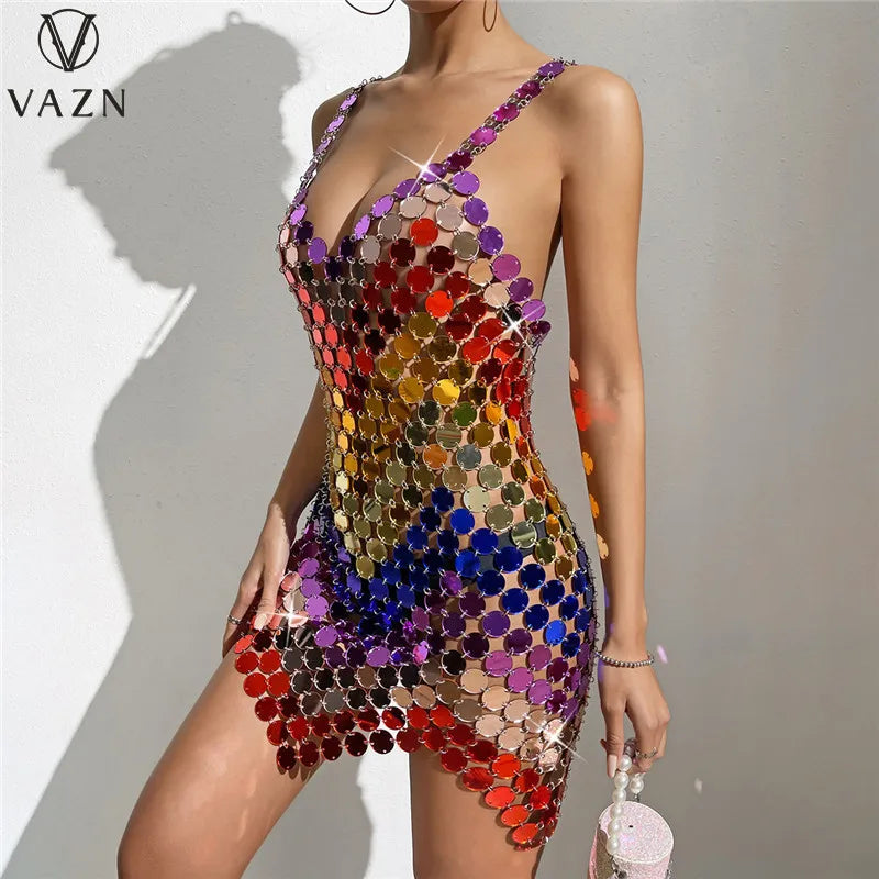 VAZN 2023 splicing Lady Short Dresses Hot Sale Sleeveless deep v Dress Sexy Club Party Style Women Mini Short Dress