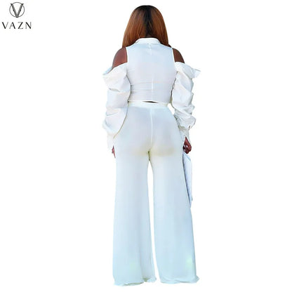 VAZN 2022 New Street Casual Style Women Suit Long Sleeve Single Breasted Shirt Elastic Long Pants Two Piece Set