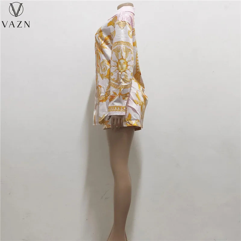 VAZN 2022 Long Sleeve Lapel Short Shirt Elastic Short Pants Printed 2 Piece Sets Ladies Fashion Street Casual Style Women Suit