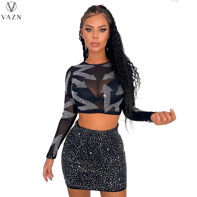 VAZN Hot Drilling 2022 Sexy Club Style Women Suit Long Sleeve Round Neck Short Top Elastic Mini Short Skirt Two Piece Sets