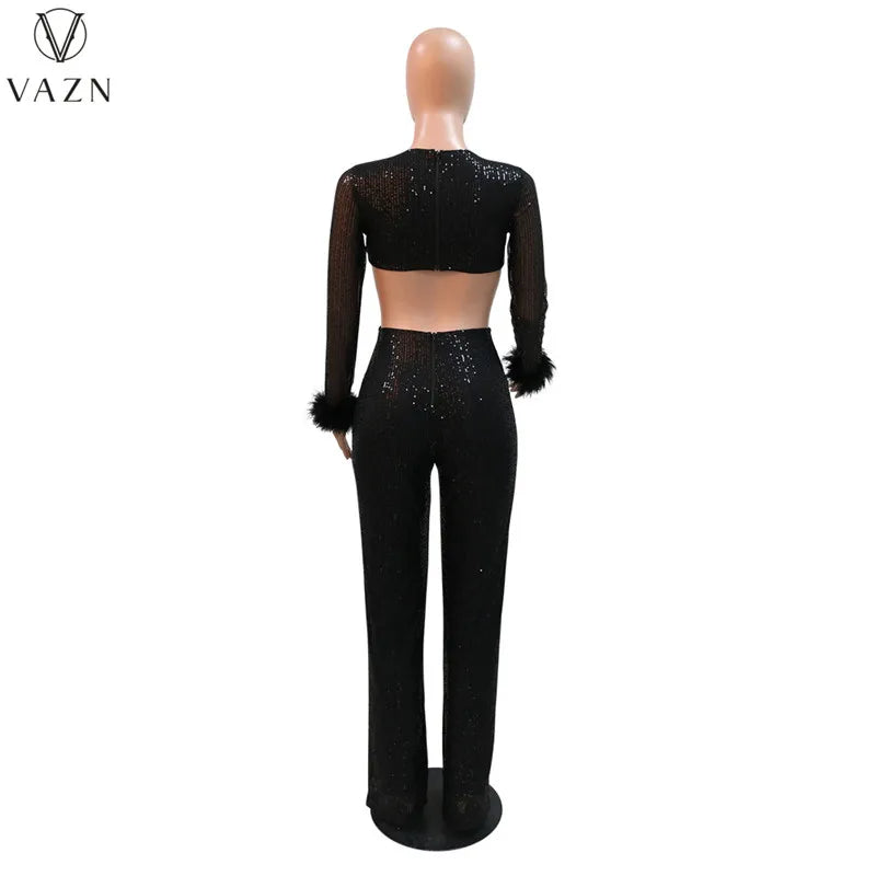 VAZN New 2023 Fashion Sexy Street Style Women Suit Long SleeveV Neck Short Top Elastic Long Pants Pure Color Two Piece Sets