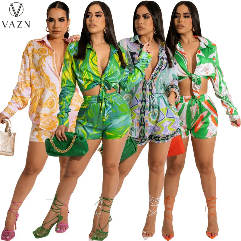 VAZN 2022 Long Sleeve Lapel Short Shirt Elastic Short Pants Printed 2 Piece Sets Ladies Fashion Street Casual Style Women Suit