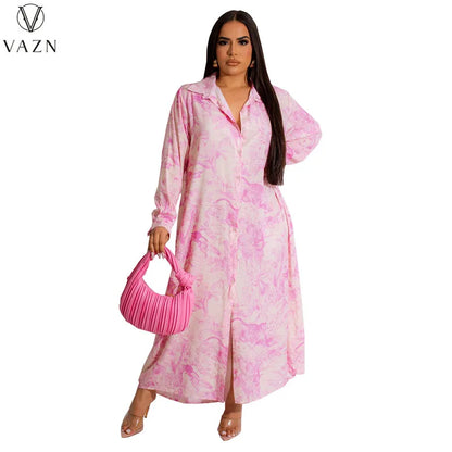 VAZN 2023 Printed Lady Long Dresses Hot Sale Long Sleeve Lapel Dress Street Causal Style Women Floor Length Shirt Dress