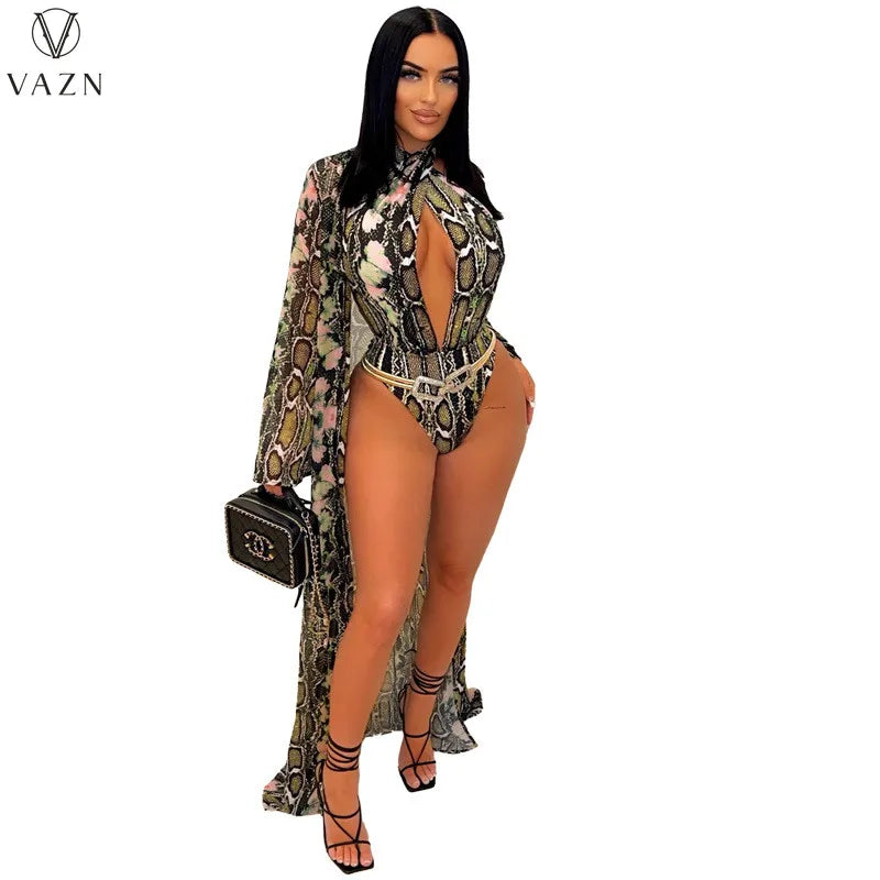 VAZN 2022 Summer New Sexy Club Party Style Women Suit Sleeveless Jumpsuits Long Sleeve Long Outwear Snake Grain 2 Piece Set