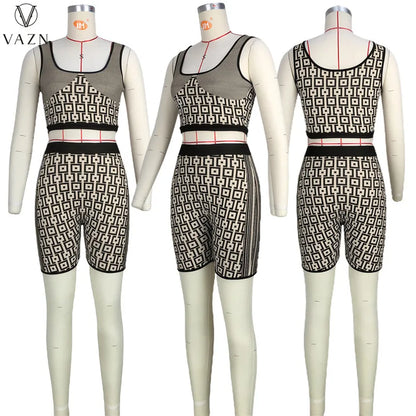 VAZN 2023 Street Girl Style Women Sets Sleeveless Round Neck Short Top Elastic Short Pants Lady Printed Lady 2 Piece Set