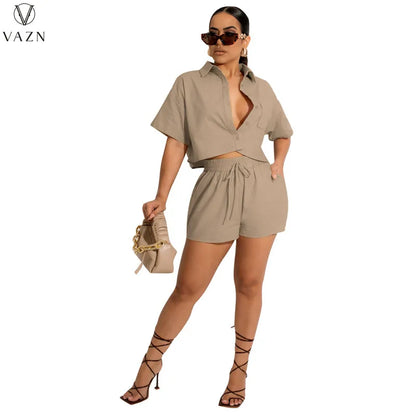 VAZN 2022 New Street Casual Style Women Suit Short Sleeve Single Breasted Shirt Elastic Short Pants Two Piece Set