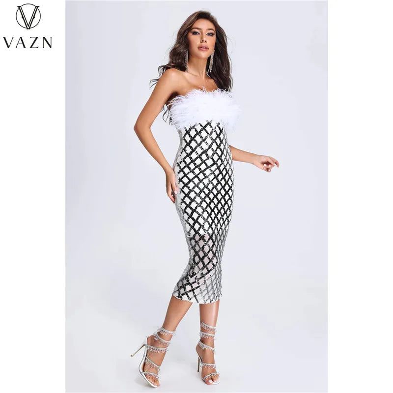 VAZN 2023 New Luxury Designer Young Sexy Club Patchwork Strapless Sleeveless Backless Women High Waist Long Pencil Dress