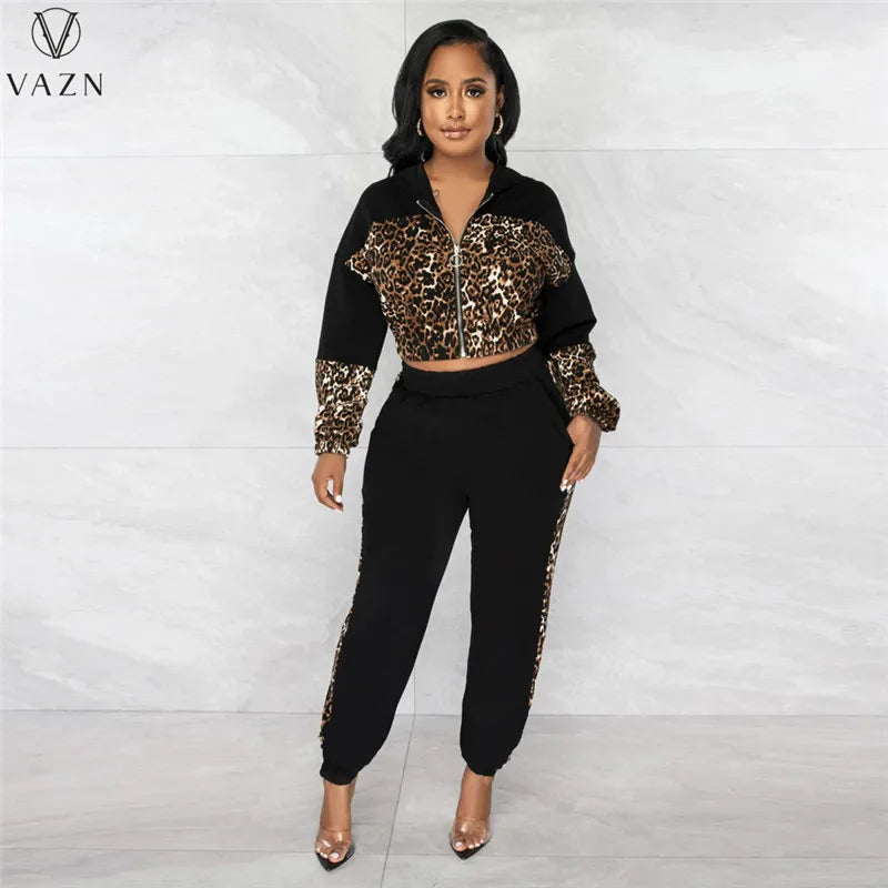 VAZN 2023 New Fashion Lady Casual Street Style 2 Piece Sets Long Sleeve Zipper Top Elastic Long Pants Leopard Grain Women Sets