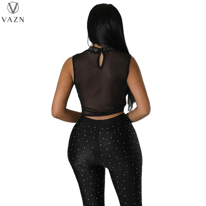 VAZN New 2023 Fashion Sexy Street Style Women Suit Sleeveless Round Neck Short Top Elastic Long Pants Pure Color Two Piece Sets