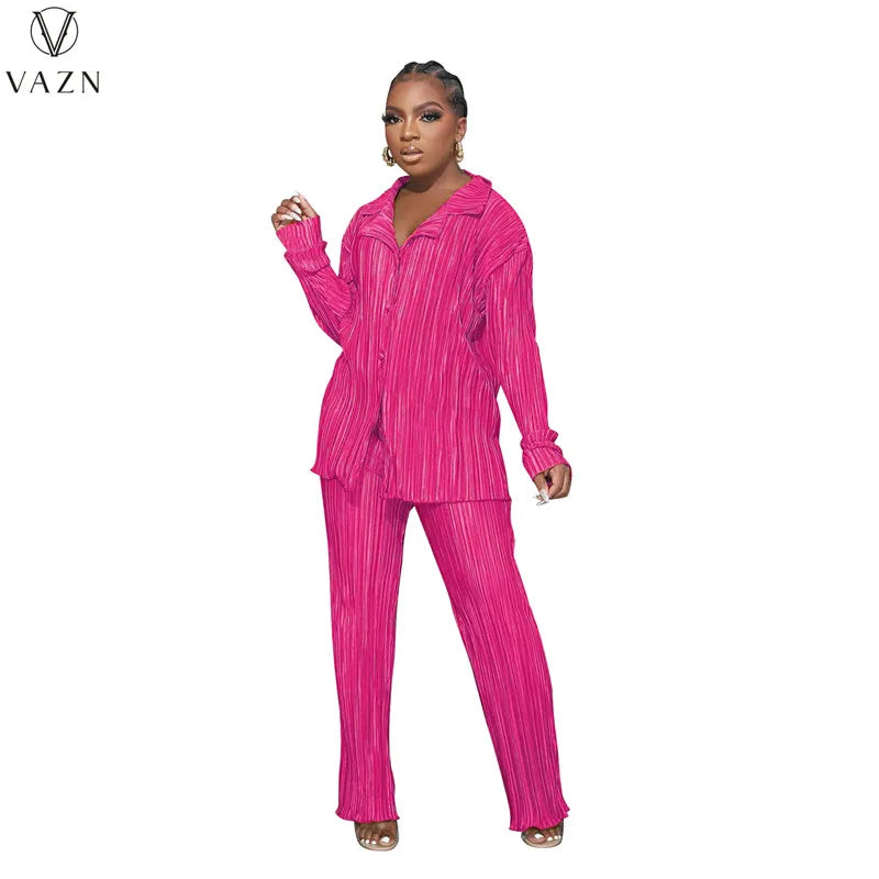 VAZN New 2022 Fashion Street Casual Style Women Suit Long Sleeve Lapel Shirt Elastic Long Pants Pure Color Two Piece Set