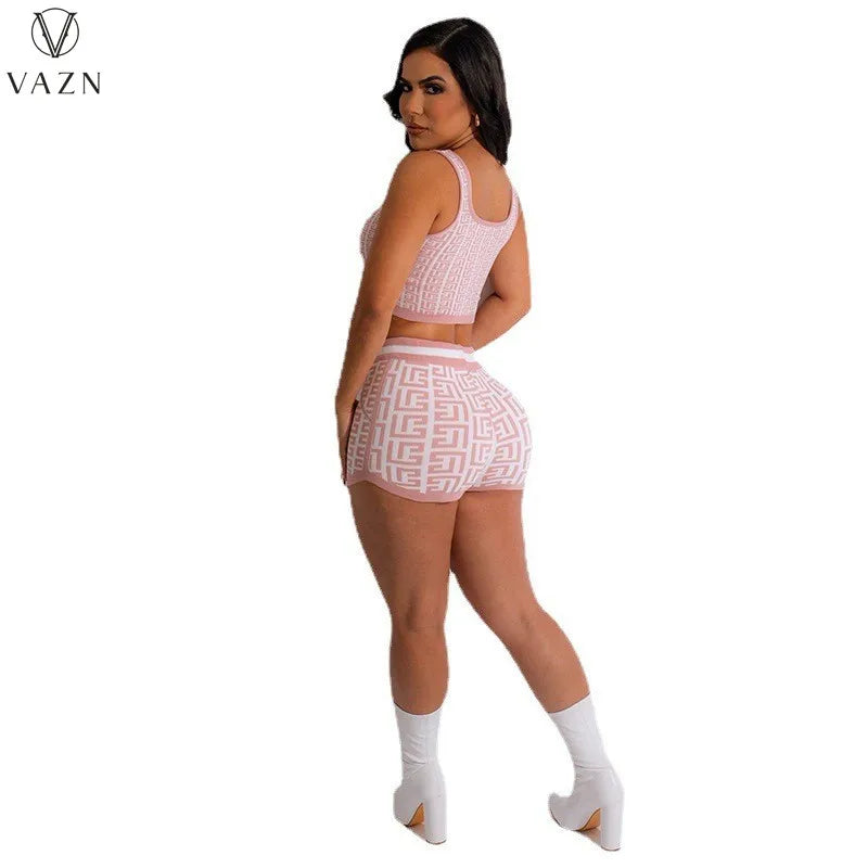 VAZN 2023 Sexy Street Style Women Sets Vest Short Top Elastic Short Pants Lady Printed Lady Two Piece Set