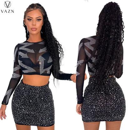 VAZN Hot Drilling 2022 Sexy Club Style Women Suit Long Sleeve Round Neck Short Top Elastic Mini Short Skirt Two Piece Sets