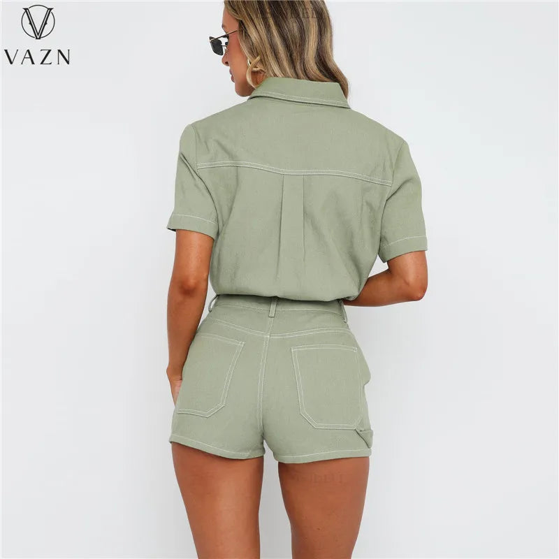 VAZN 2023 Short Sleeve Lapel Top Buttons Pockets Short Pants Pure Color 2 Piece Set New Women Street Casual Style Sets