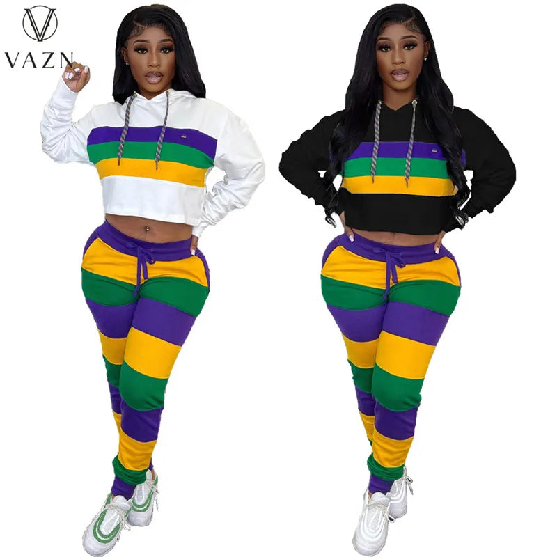 VAZN 2023 Hot Sales Striped Young Casual Suitable Tracksuits Free Hooded Full Sleeve +Long Pencil Pants Women 2 Piece Set