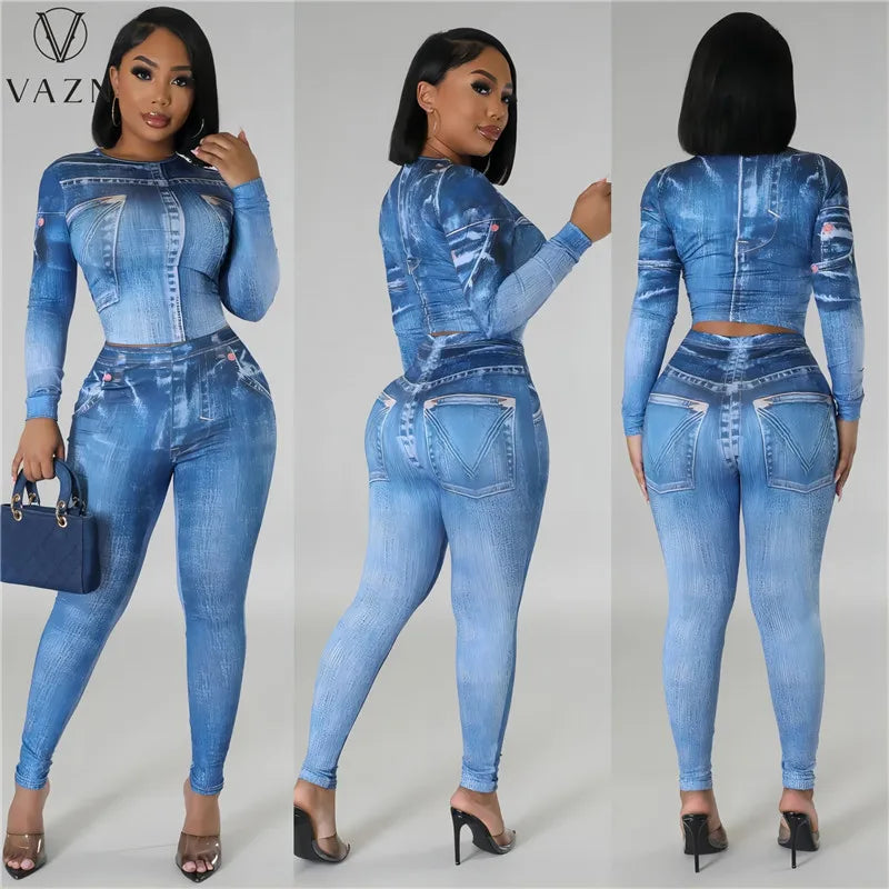 VAZN 2023 New Fashion Casual Street Style 2 Piece Sets Long Sleeve Round Neck Top Elastic Long Pants Printed Women Set