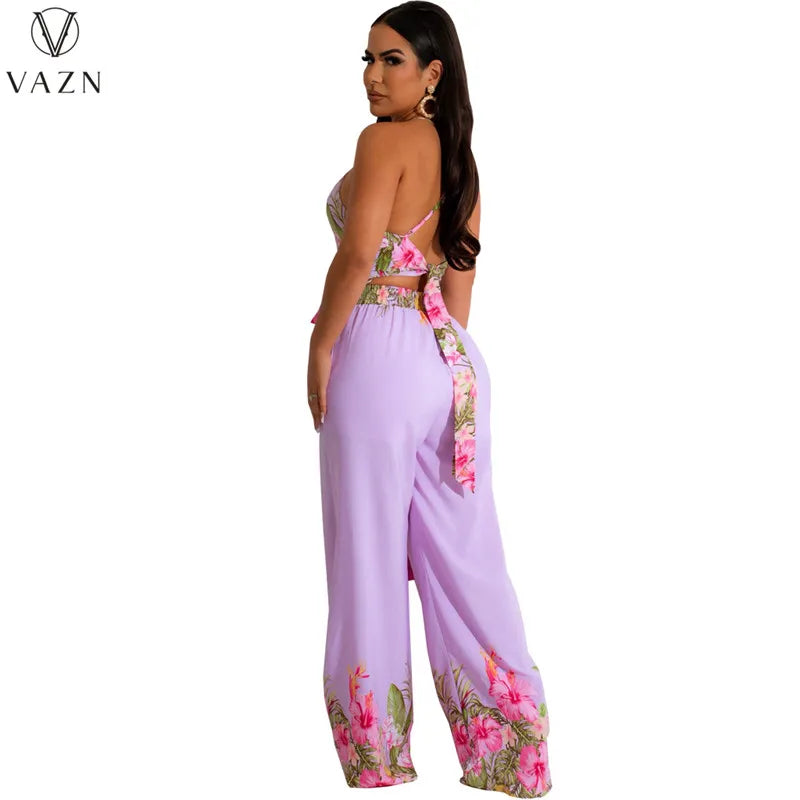 VAZN New 2023 Sleeveless Strapless Short Top Elastic Long Pants Printed Lady Two Piece Set Sexy Holiday Style Women Suit