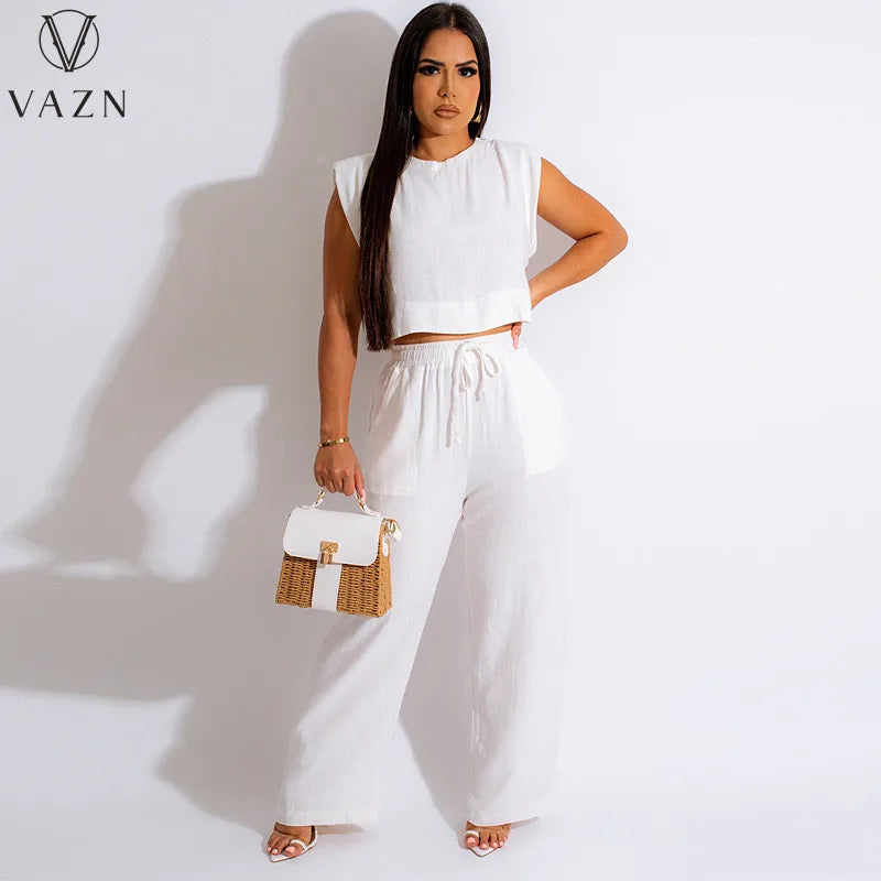 VAZN New 2023 Short Sleeve Round Neck Top Elastic Long Pants Pure Color 2 Piece Set Casual Street Style Women Suit