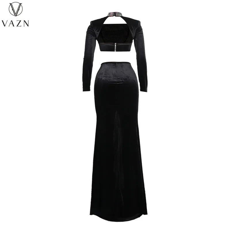 VAZN 2022 Hot Drilling Sexy Club Party Style Women Suit Long Sleeve Dew Waist Top Floor Length Skirt Lady Pure Color 2 Piece Set