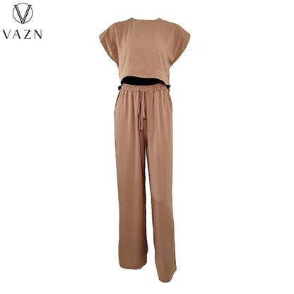 VAZN New 2023 Short Sleeve Round Neck Top Elastic Long Pants Pure Color 2 Piece Set Casual Street Style Women Suit